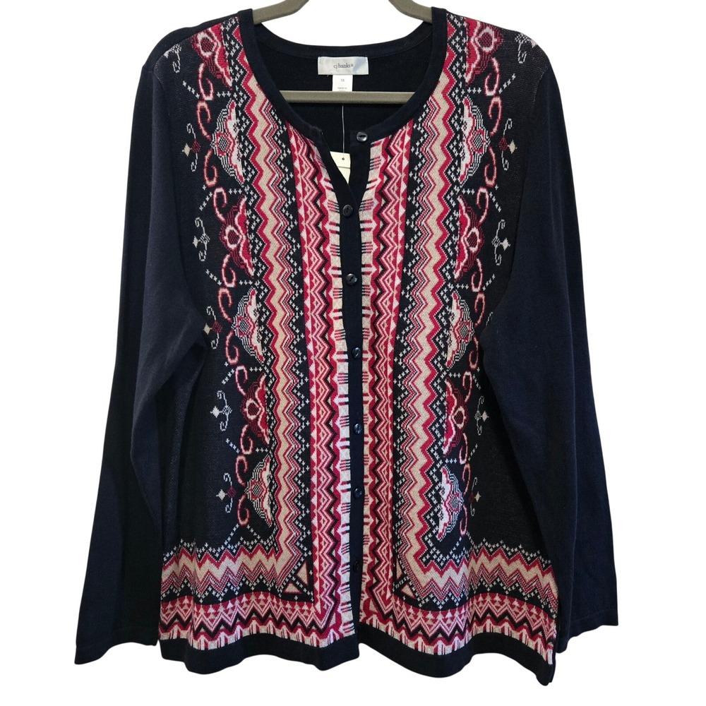 CJ Banks Womens 1X Cardigan Sweater Navy Blue Red Geometric Cotton Button Front